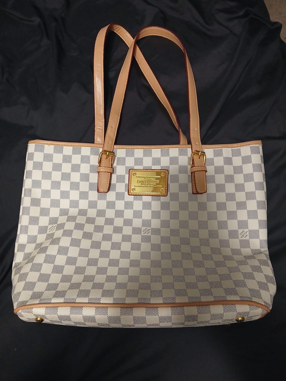 Designer-Inspired Checkered Tote Bag in Cream and Tan